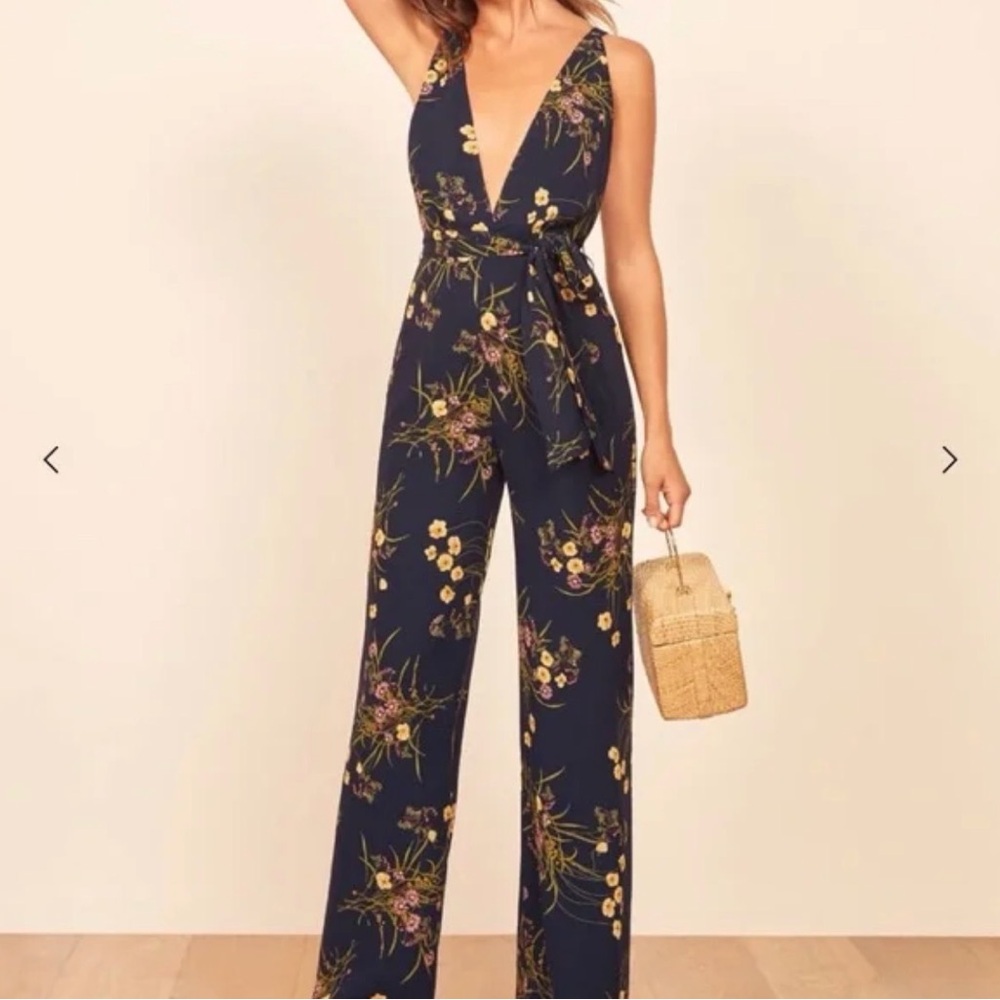 Reformation Mademoiselle Sofi Navy Floral Jumpsuit with Yellow & Pink Accents 2